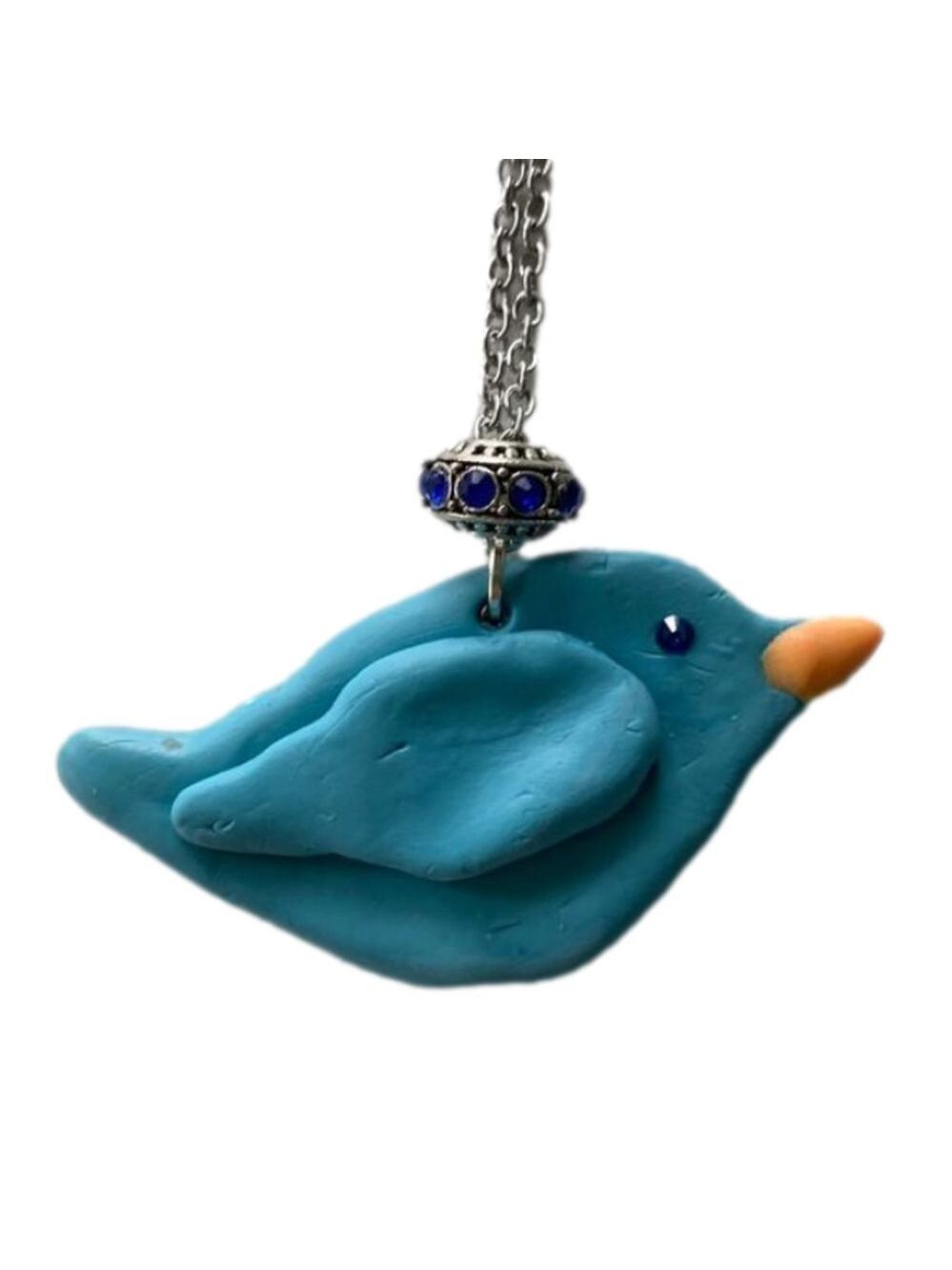 Hand crafted blue bird necklace Polymer clay silver color chain claw closure OS